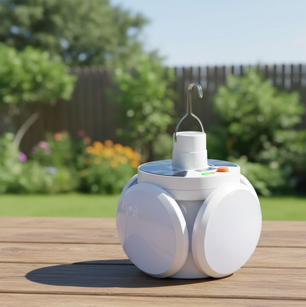 Front view of the compact Solar Camping Light, ready for adventure.