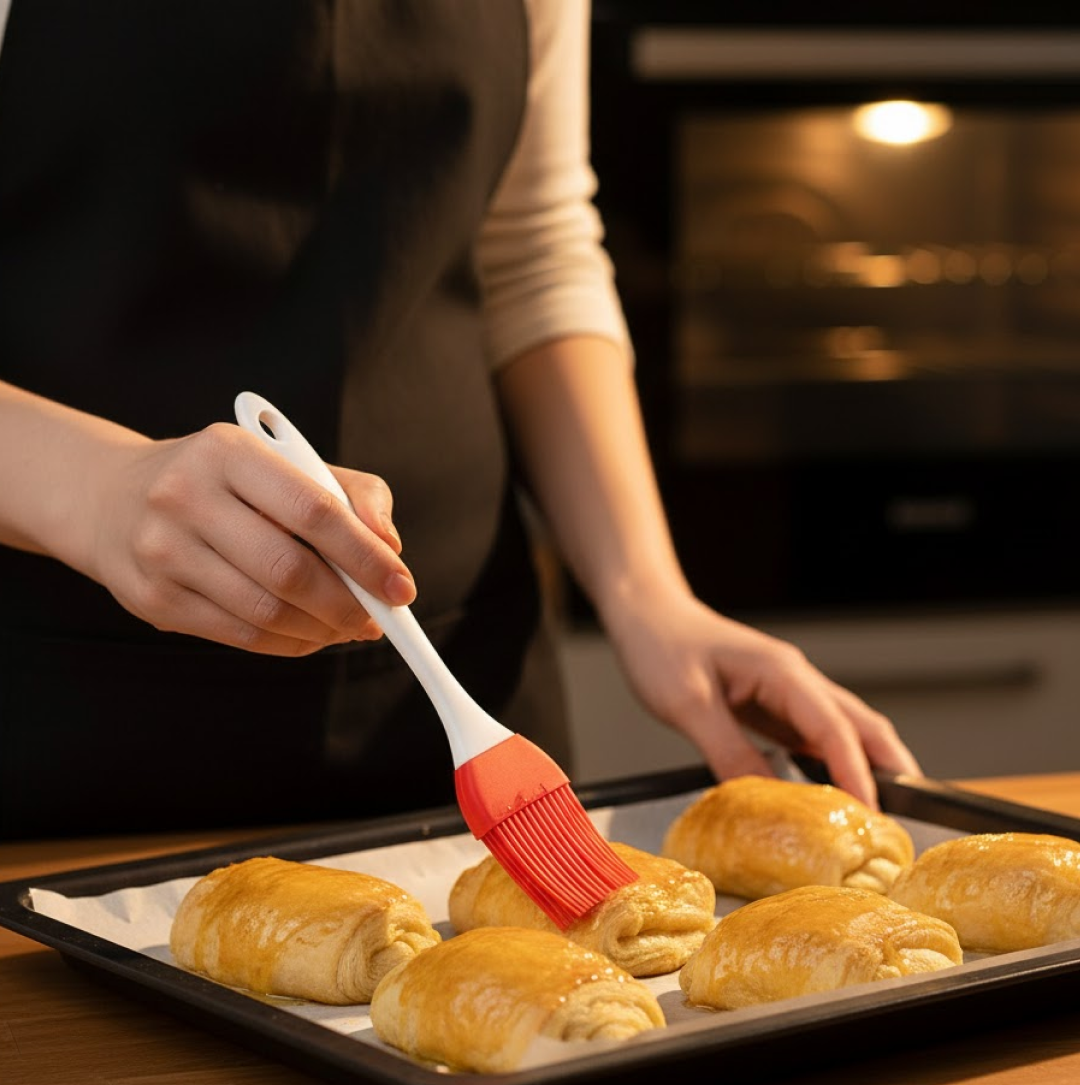 Silicone spatula efficiently scraping cake batter from a mixing bowl, showcasing its flexibility.