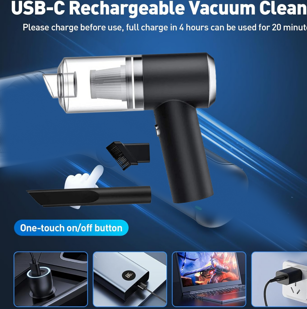 Portable handheld vacuum cleaner with the versatile crevice tool attached.