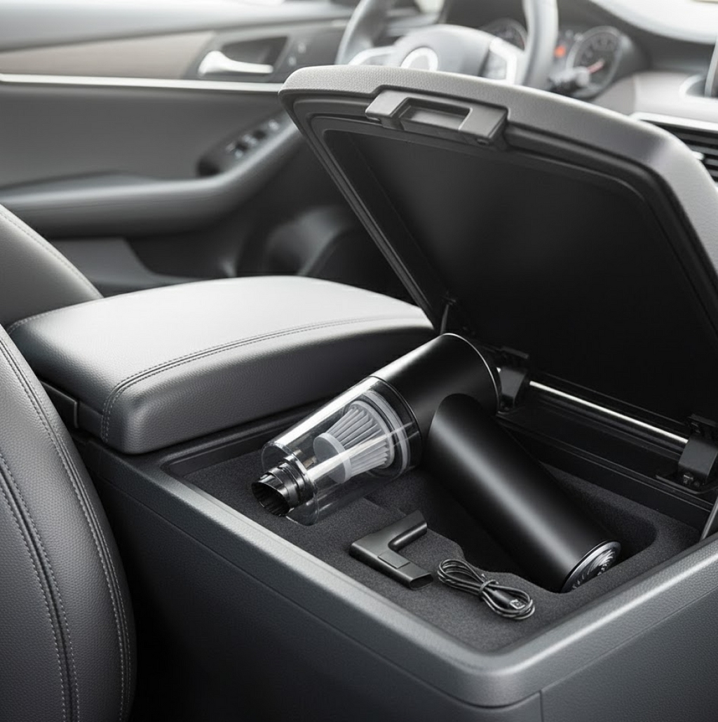 USB rechargeable car vacuum cleaner with charging cable and nozzle attachments.