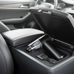 USB rechargeable car vacuum cleaner with charging cable and nozzle attachments.