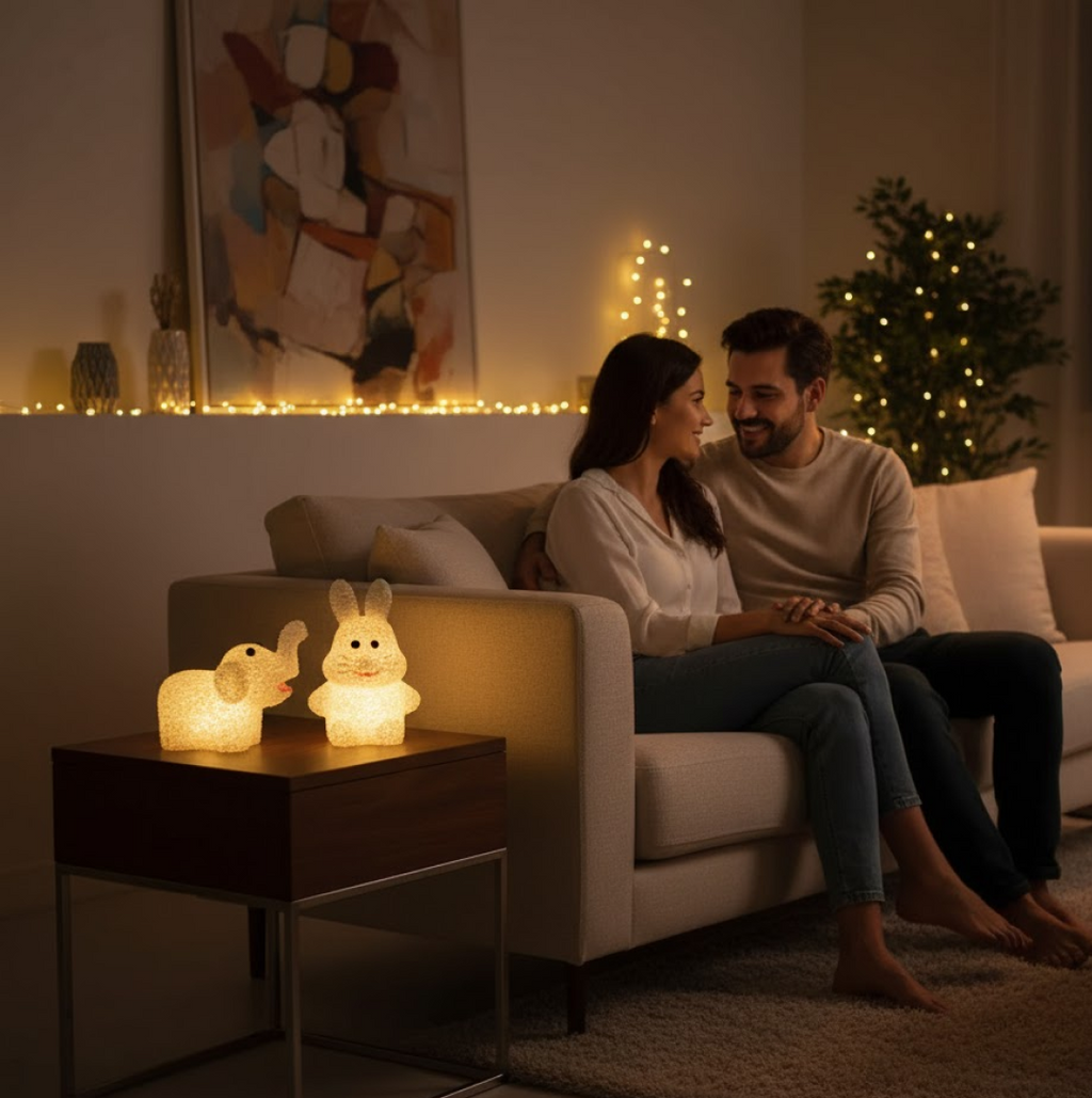 A cute animal table lamp, part of a set, providing ambient lighting.