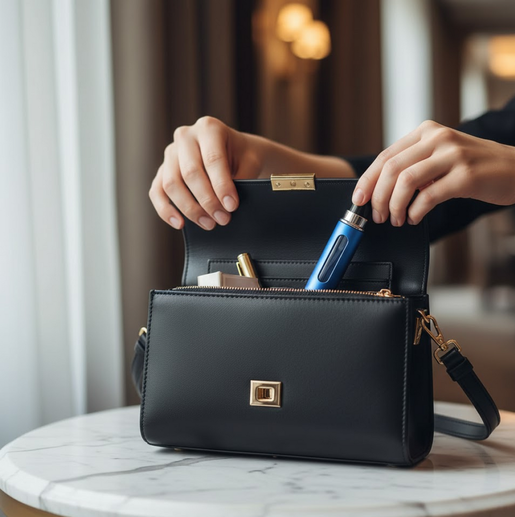 Mini portable fragrance dispenser alongside travel essentials on a desk.