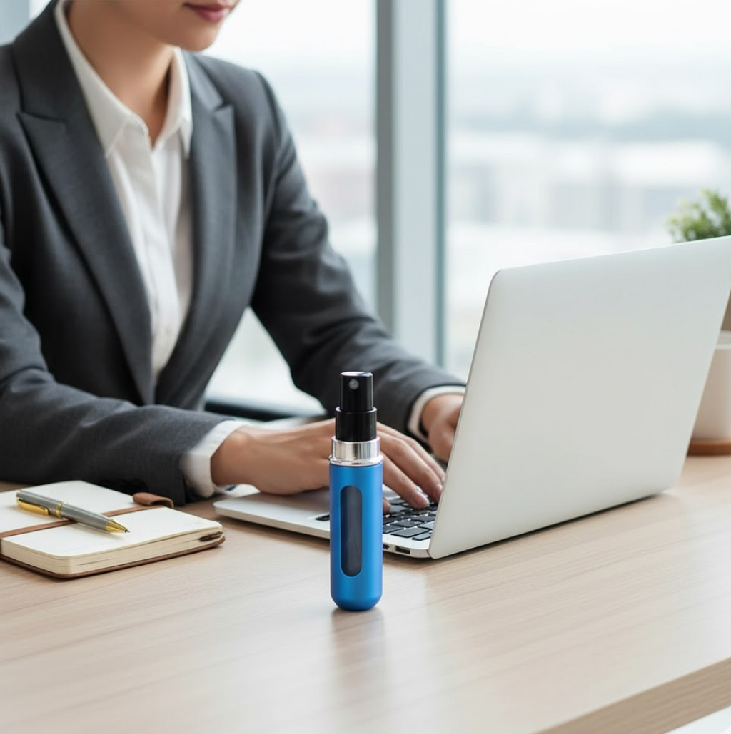 Size comparison of the 5ml mini spray bottle next to a lipstick and coin.