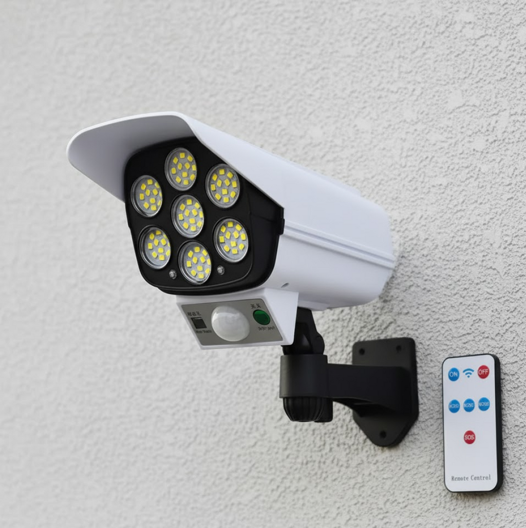 Product features graphic for the AutoSafeo solar security camera light.