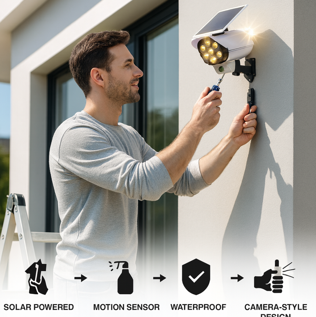 Illustration of solar security camera light with motion sensor features.