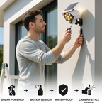 Illustration of solar security camera light with motion sensor features.
