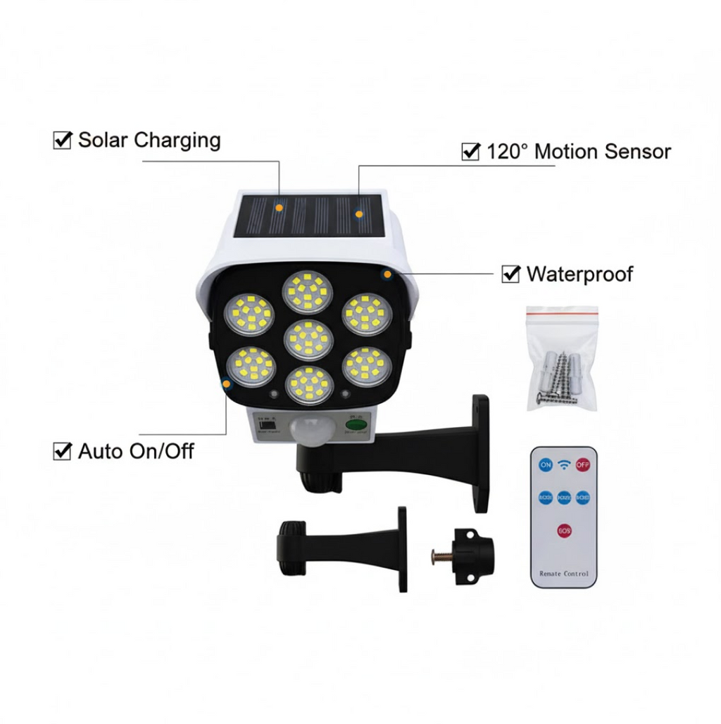 Technical specifications for the AutoSafeo solar dummy security camera light.