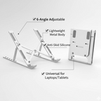 Close-up of the multi-angle adjustment mechanism on the metal laptop riser.