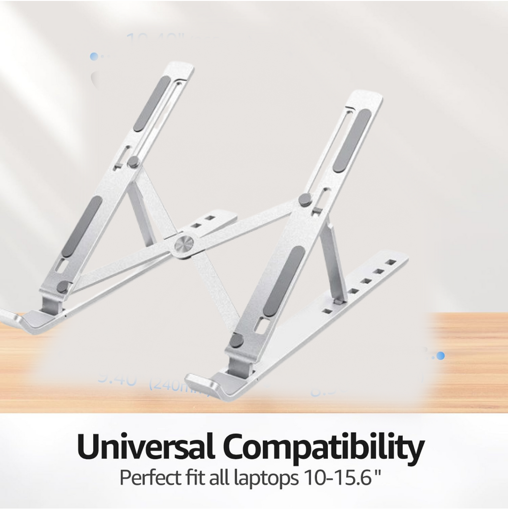 The portable laptop stand folded compactly, highlighting its travel-friendly design.
