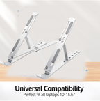 The portable laptop stand folded compactly, highlighting its travel-friendly design.