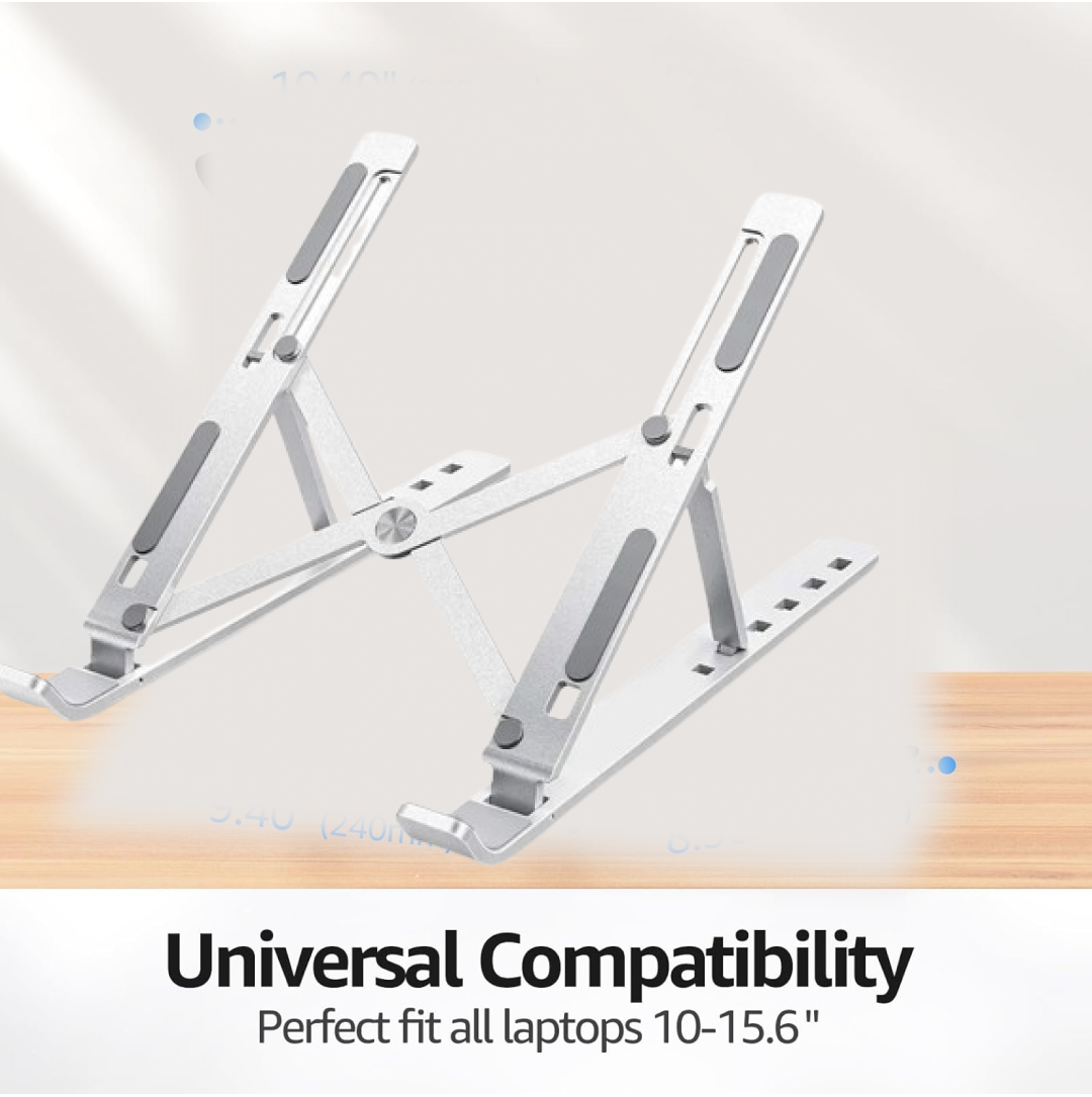 The portable laptop stand folded compactly, highlighting its travel-friendly design.