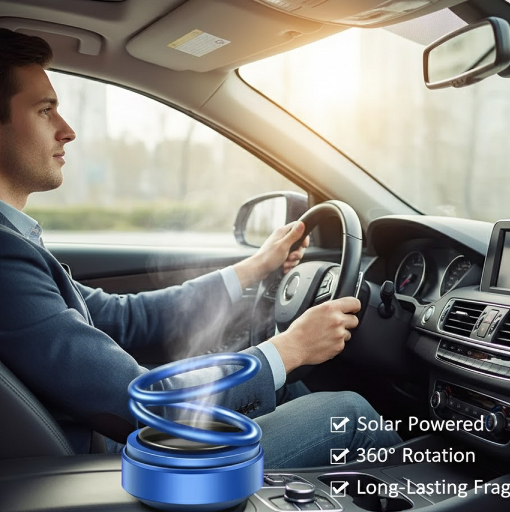 Informational graphic detailing the features and benefits of the Solar Car Aroma Diffuser.