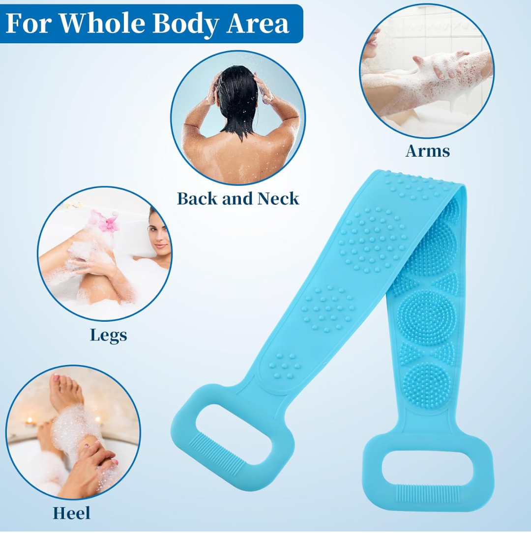 Packaging of the silicone body back scrubber in multiple colors.