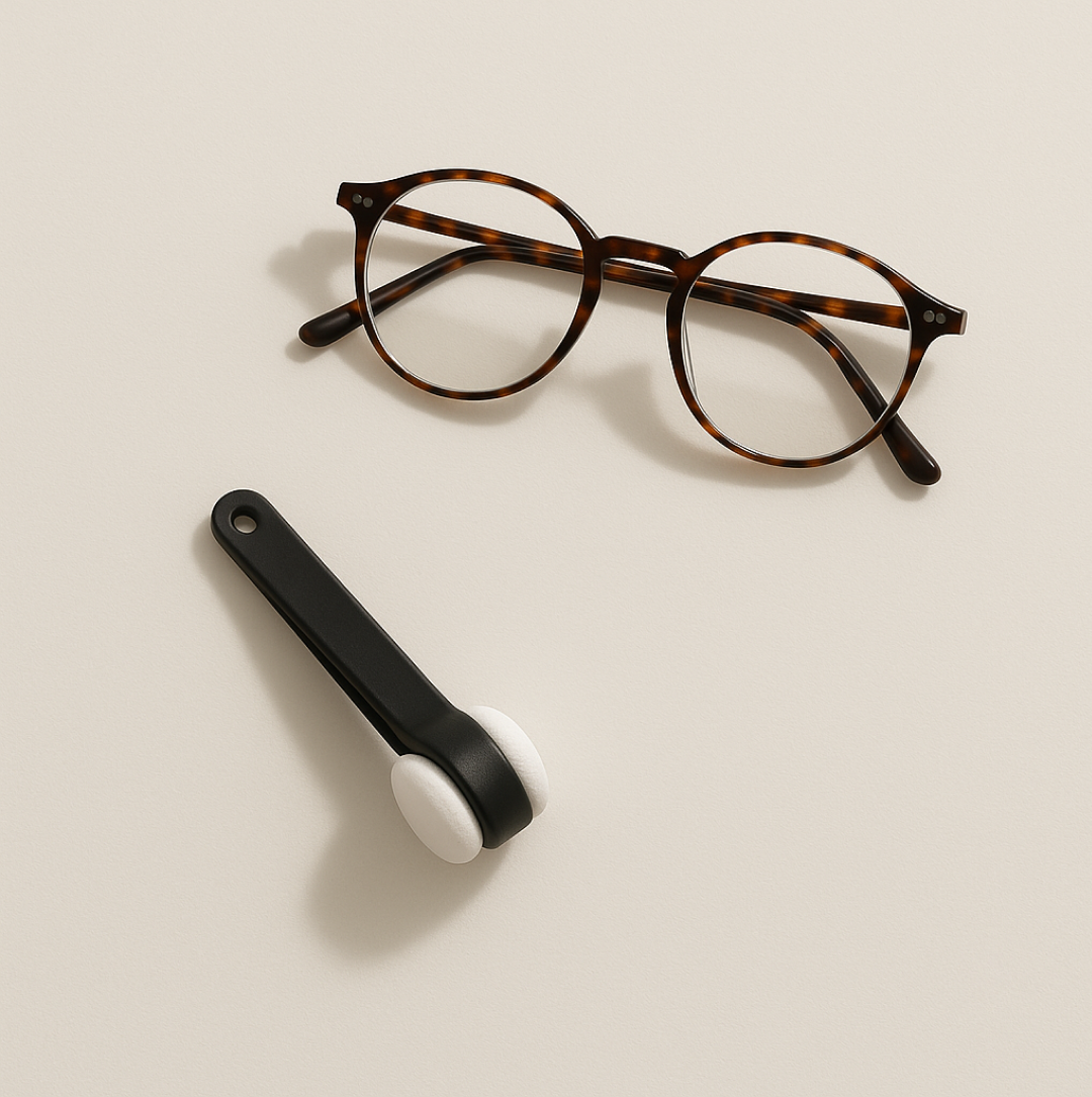 The eyeglass cleaner demonstrating its compact size and portability for travel.