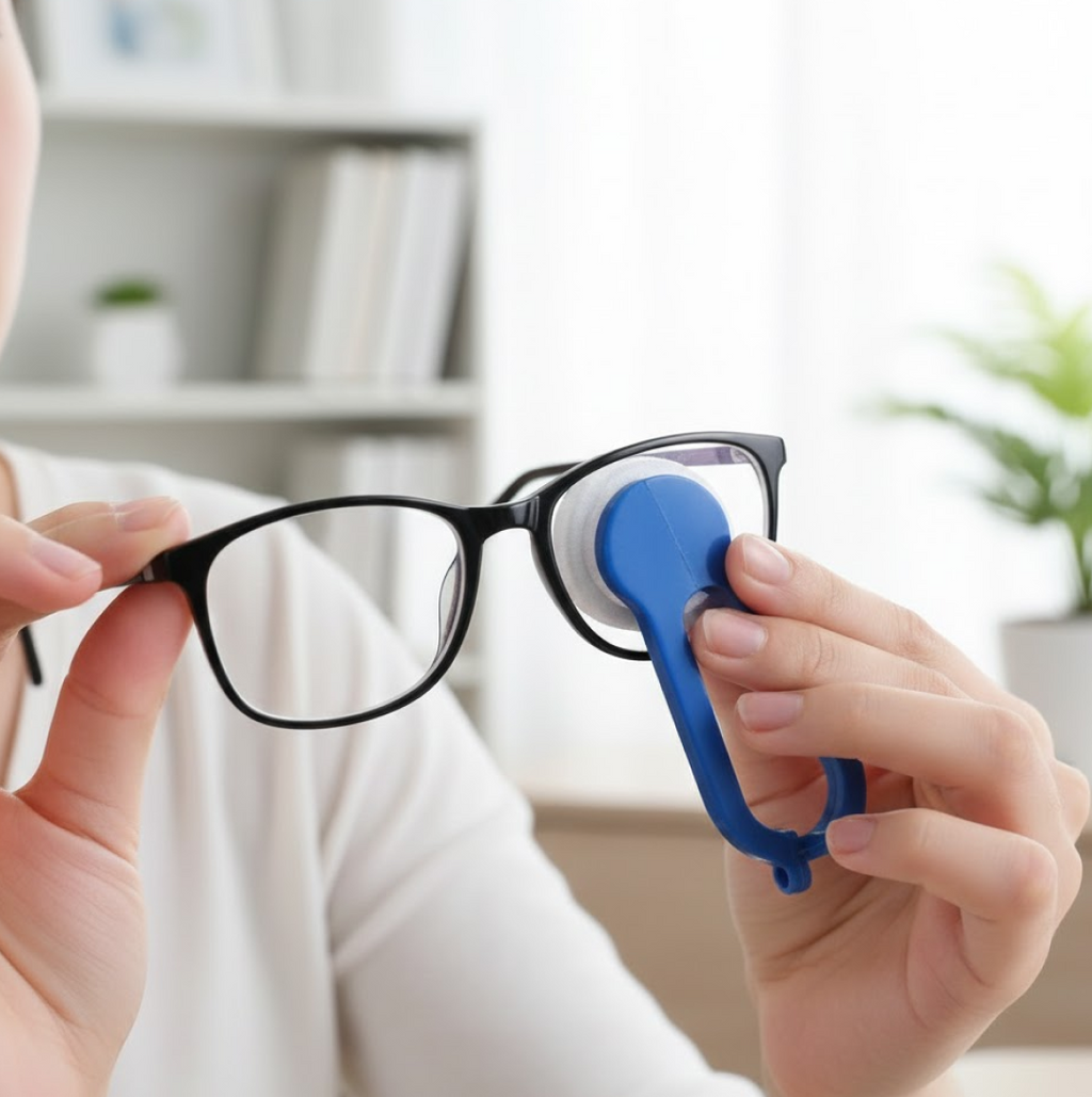 Step-by-step diagram showing the proper technique to use the eyeglass cleaner.