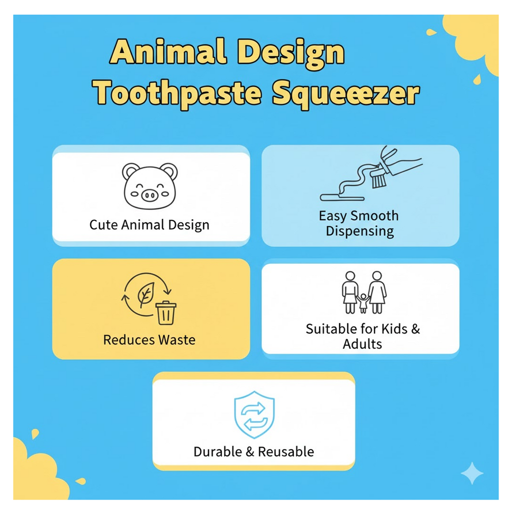 Animated illustration demonstrating squeezing toothpaste with animal squeezer.