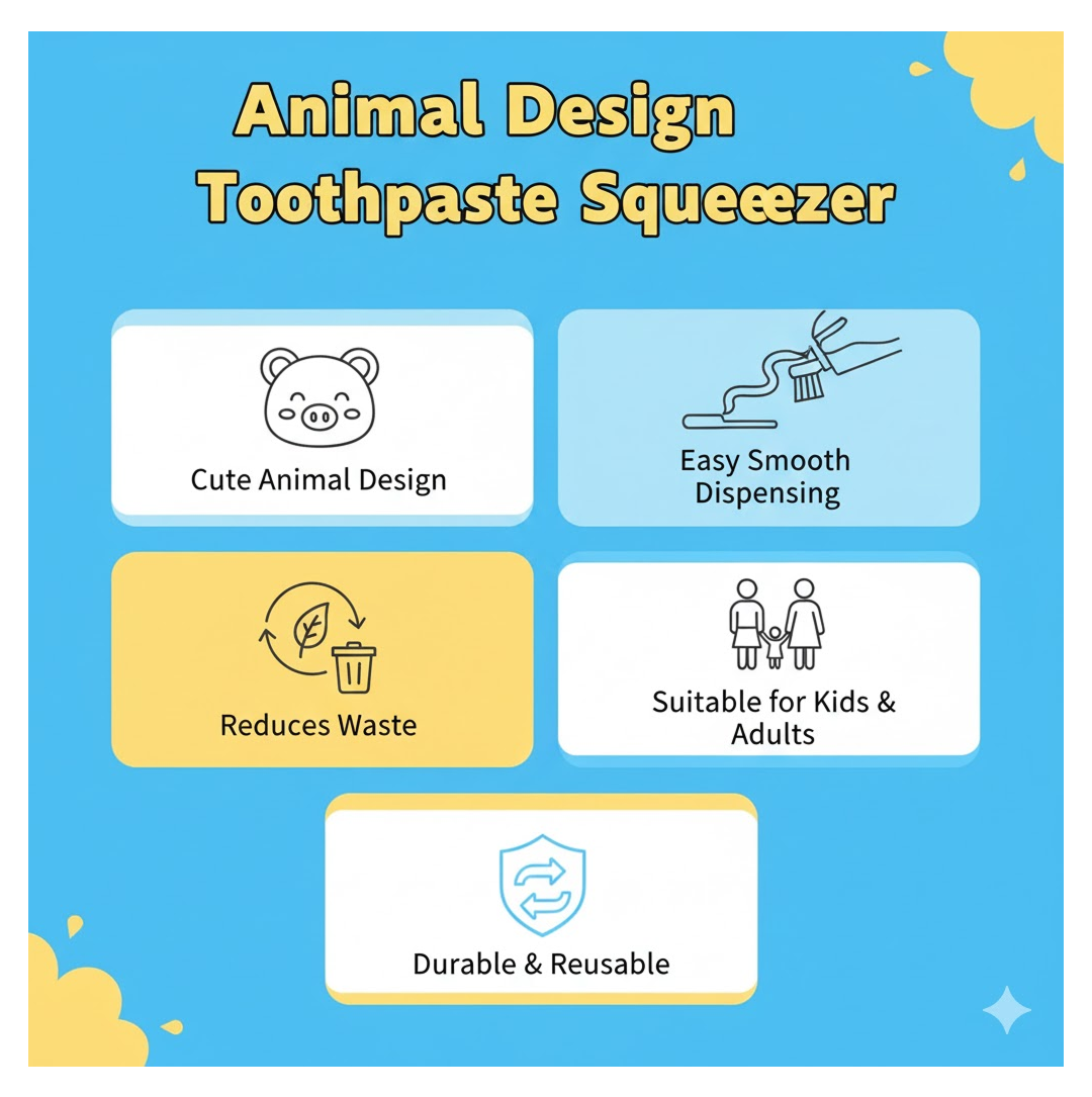 Animated illustration demonstrating squeezing toothpaste with animal squeezer.