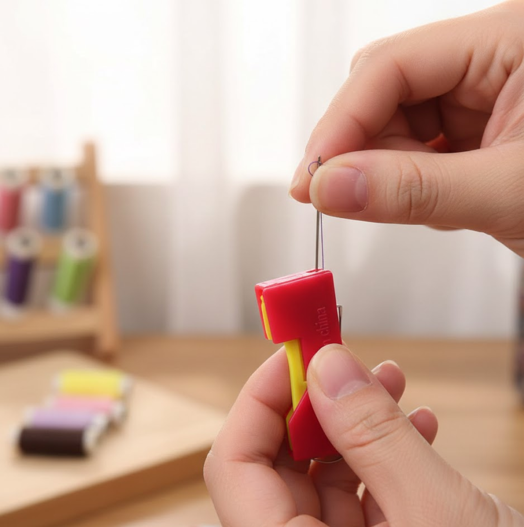 Close-up view of the easy-to-use automatic needle threader mechanism.