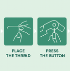 Automatic needle threader shown with a needle and thread, ready for use.