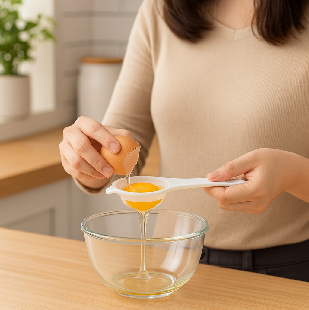 Egg yolk separator used on a bowl.
