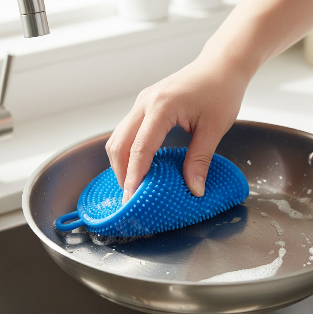 Close-up of a white silicone dish scrubber showing soft, flexible bristles.