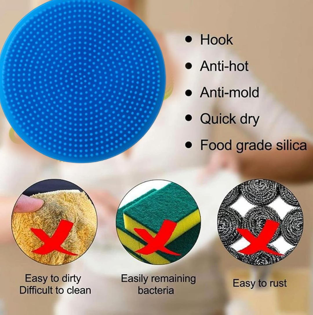 Flexible silicone dish scrubber demonstrating its easy bendability.