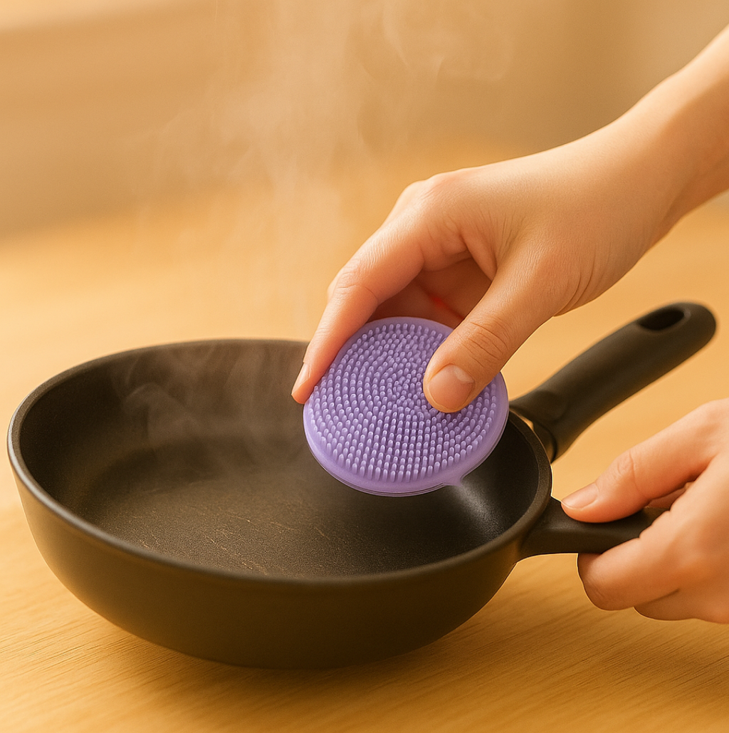 Detailed view of the silicone dish scrubber's gentle, effective bristles.