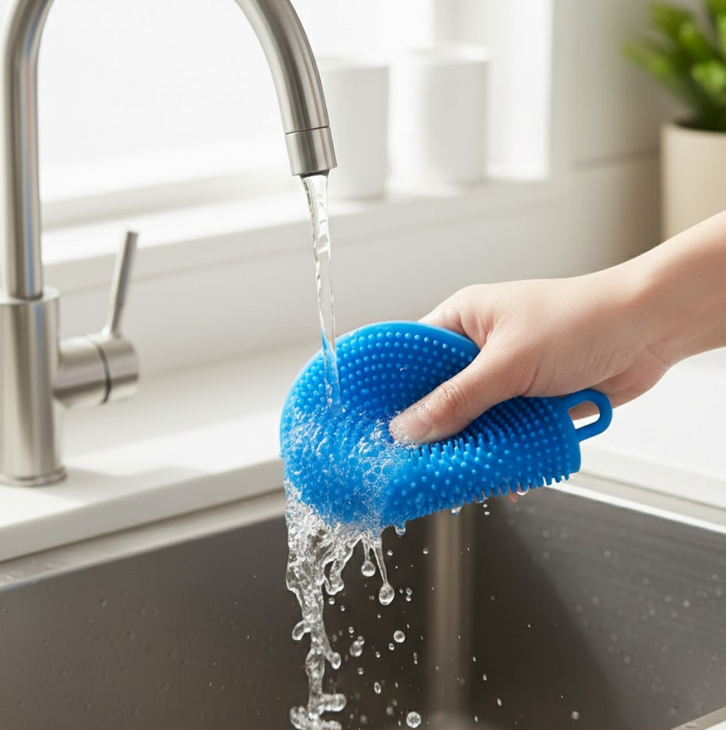Silicone dish scrubber safely cleaning fresh vegetables.