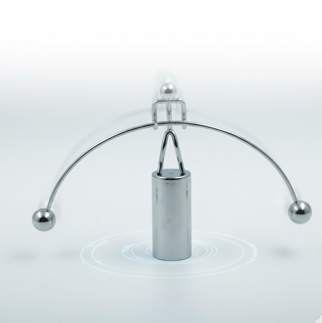 The Newton Cradle's metal balls in mid-swing, illustrating kinetic energy transfer.