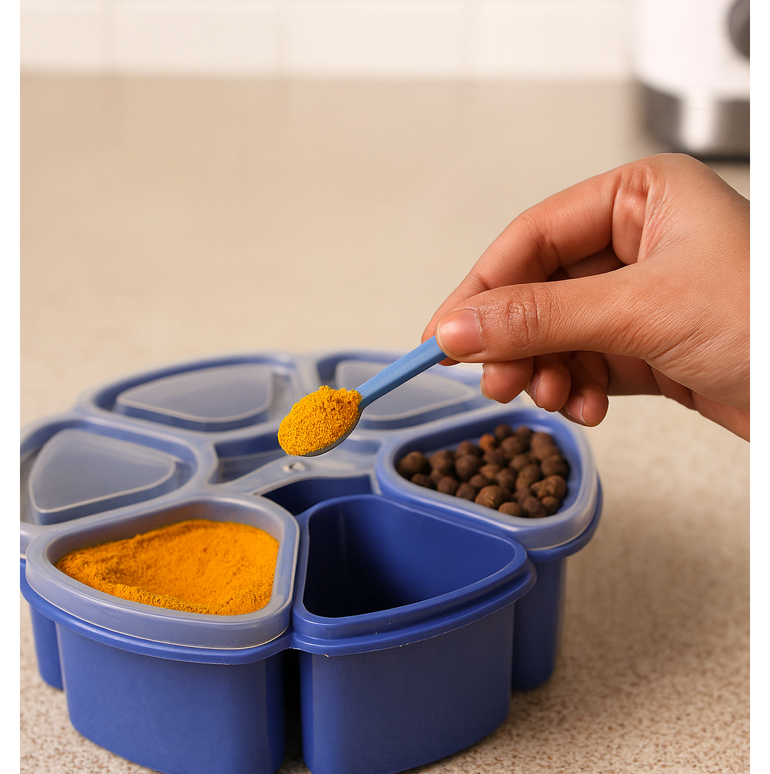 Benefit graphic: keeps spices fresh and prevents cross-contamination.