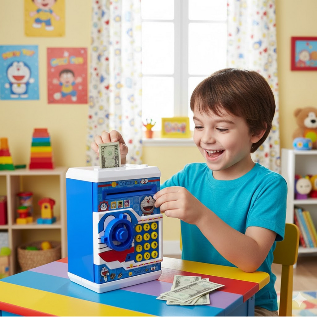 Front view of the Kids Electronic Piggy Bank showing the bill deposit slot.