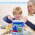 Back view of the kids electronic piggy bank, revealing the battery compartment.