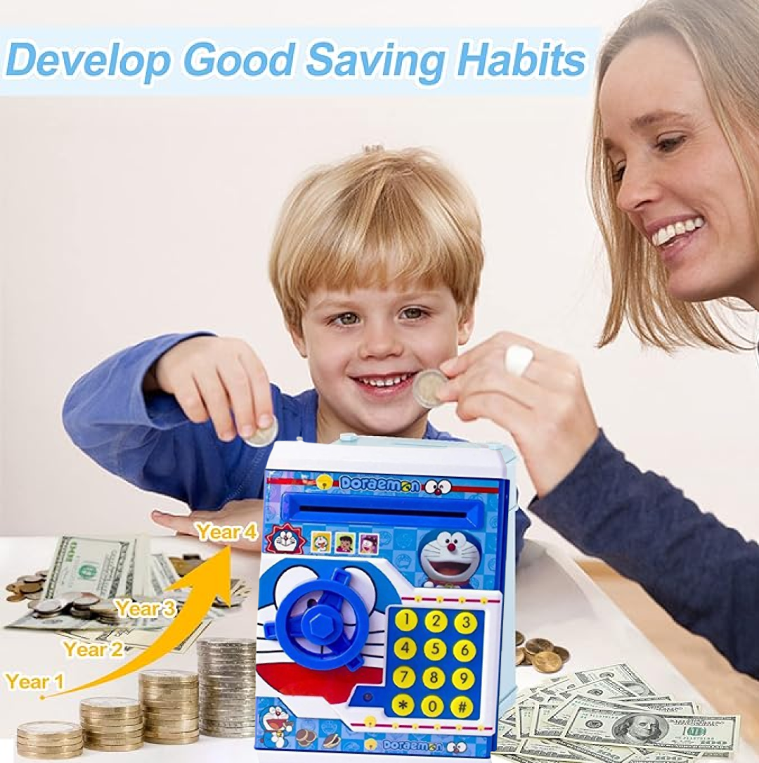 Back view of the kids electronic piggy bank, revealing the battery compartment.