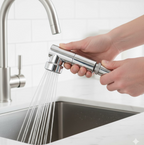 Flexible 1080° swivel feature of the faucet sprayer head in use.