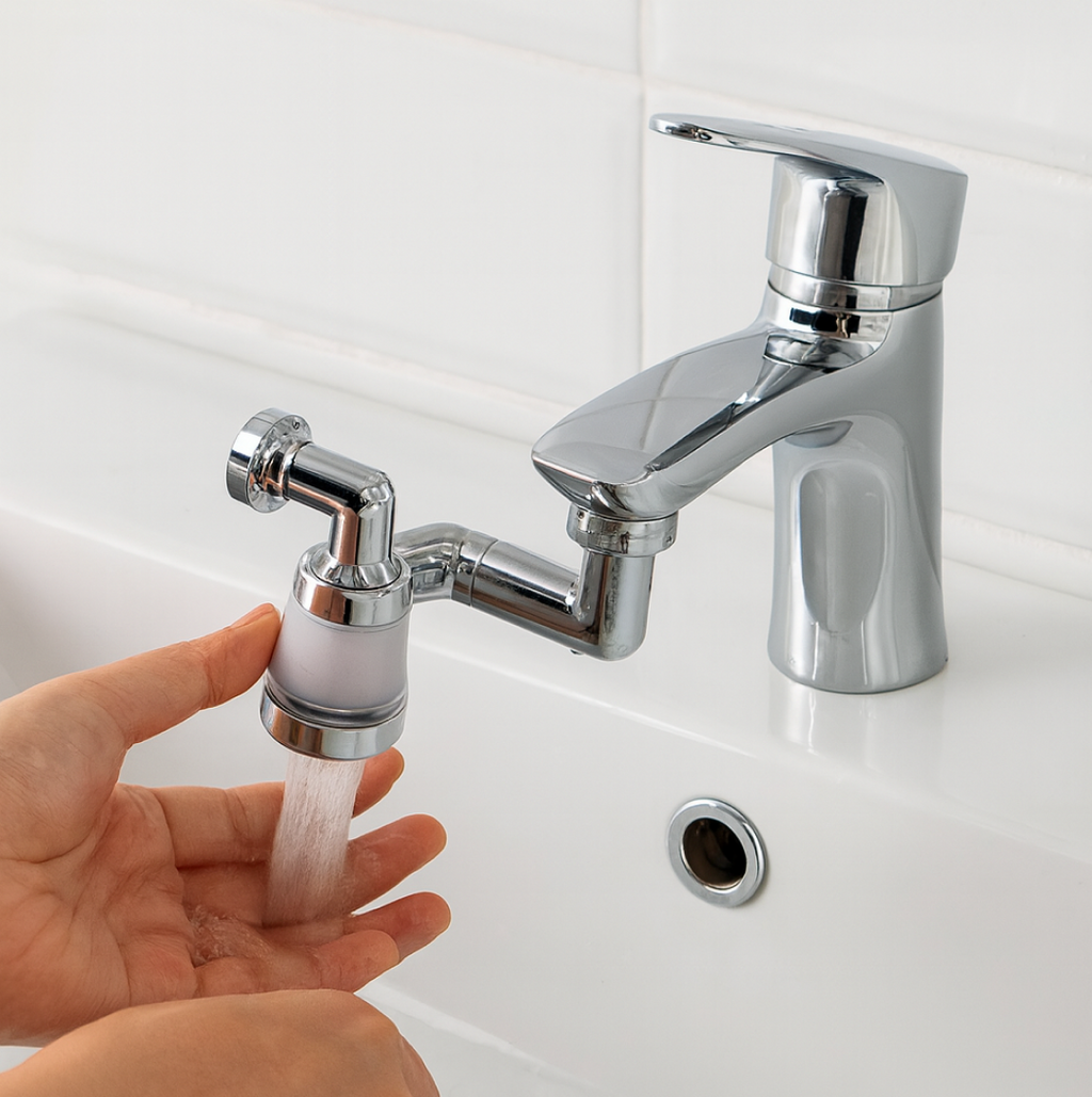 Woman using the rotating faucet sprayer to wash vegetables in a kitchen sink.