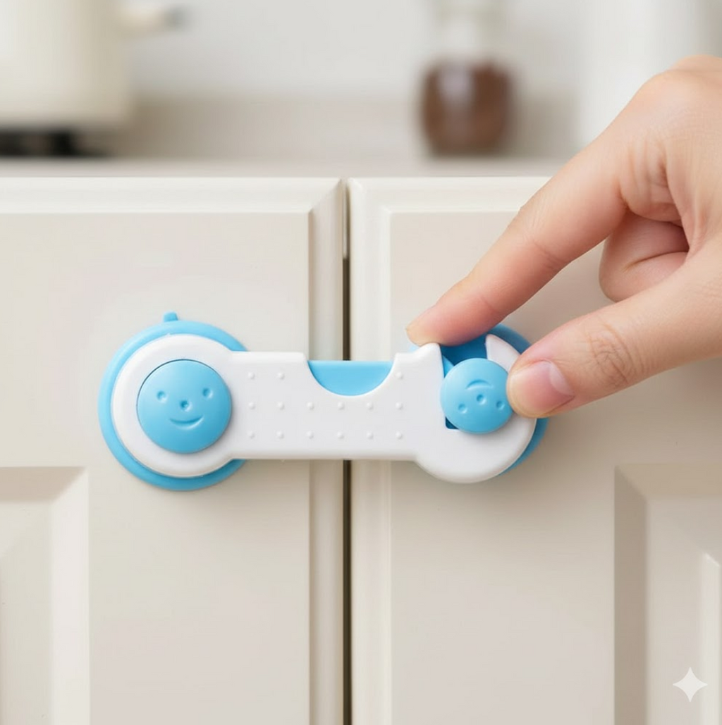 Strong adhesive backing of the child safety lock for secure no-drill installation.