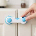 Strong adhesive backing of the child safety lock for secure no-drill installation.