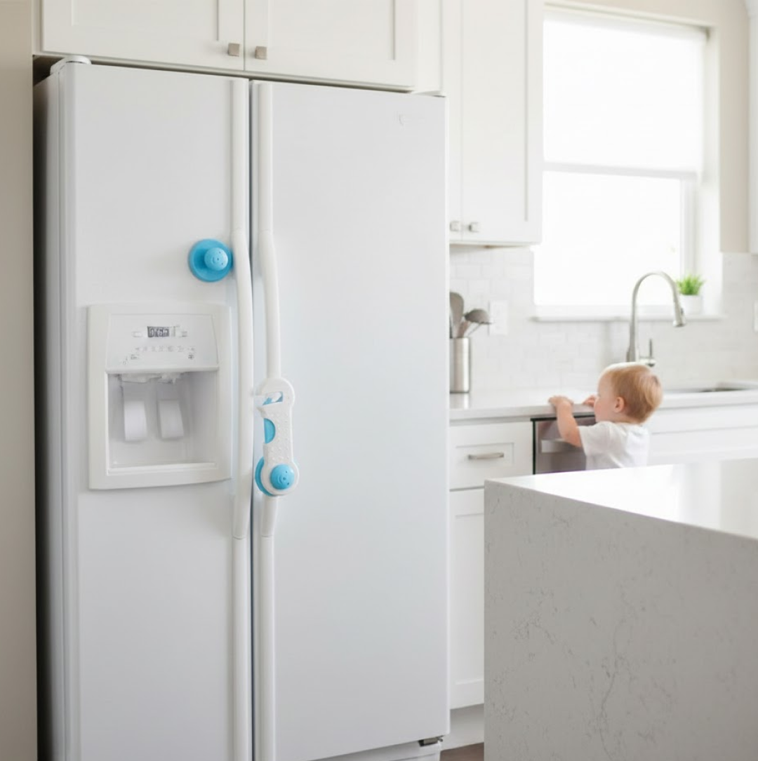 Child safety lock seamlessly installed on a kitchen cabinet door.