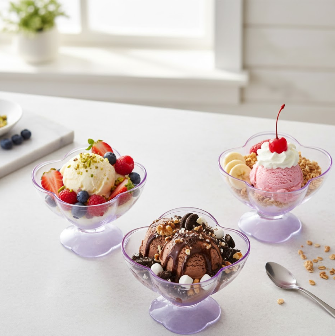 Close-up of a modern plastic dessert bowl from the 6-piece set.