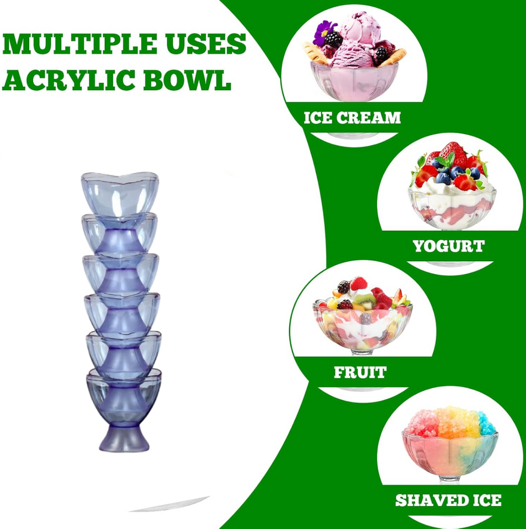 Reusable plastic dessert bowls and spoons arranged for serving.