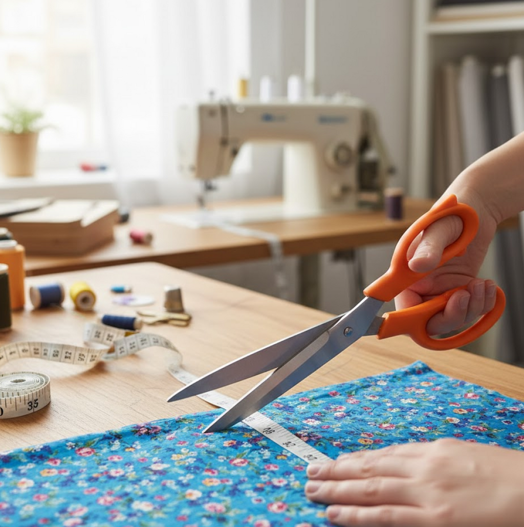 Flexible measuring tape showing both imperial and metric units, paired with dressmaking shears.