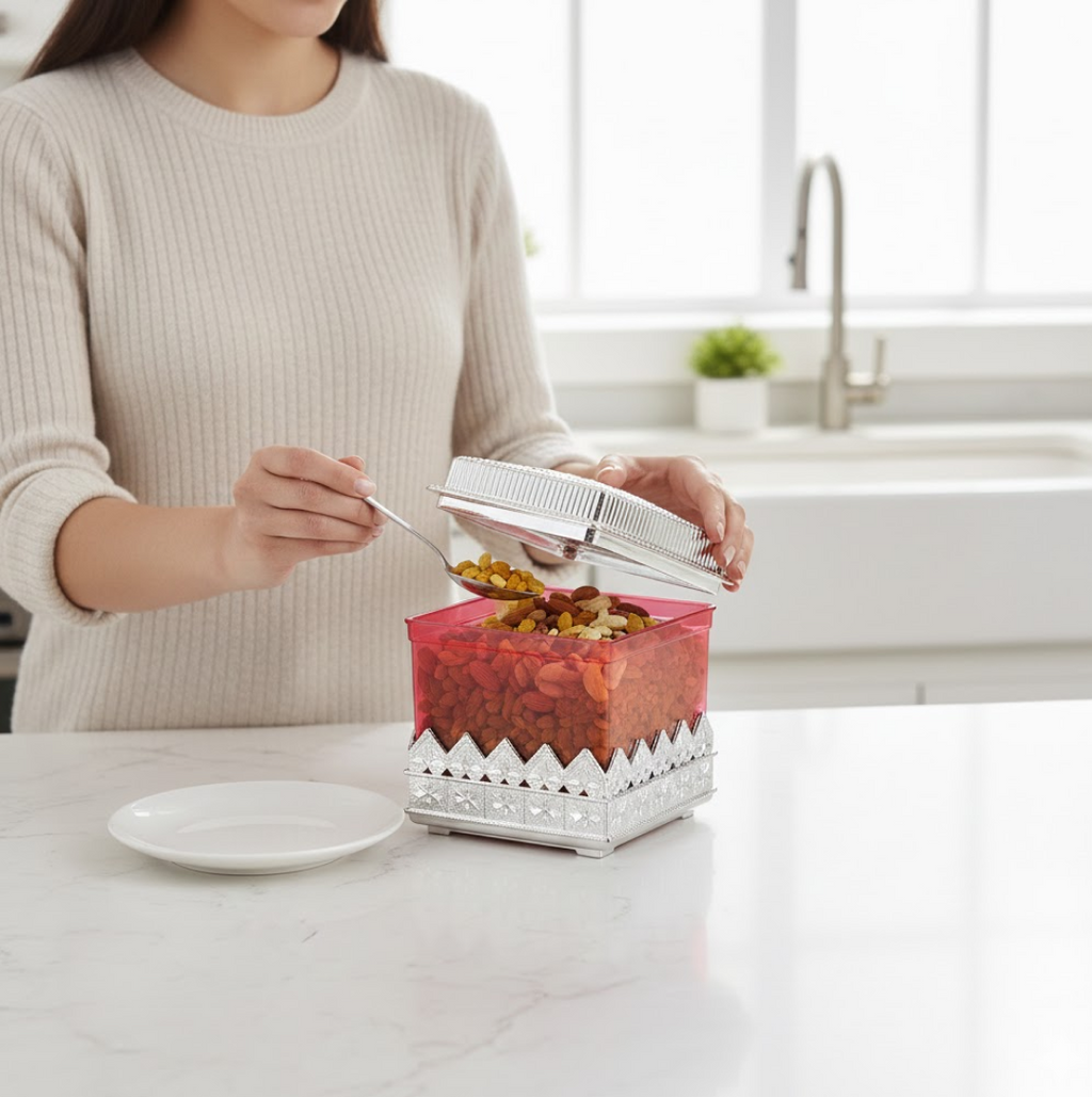 Ruby dry fruit storage container with its air-tight lid removed, showing the wide opening.