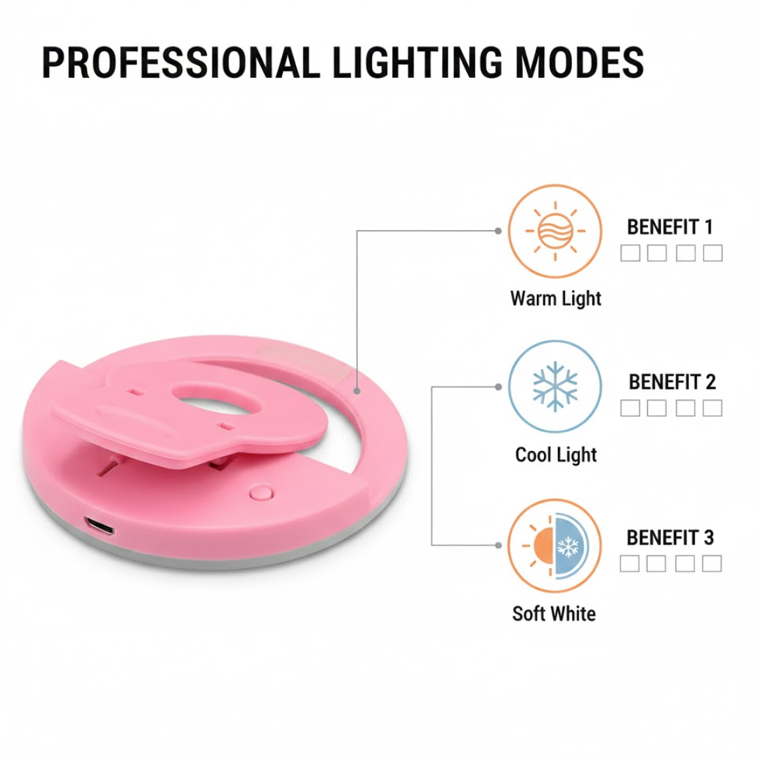 Graphic illustrating the compact dimensions of the selfie ring light.