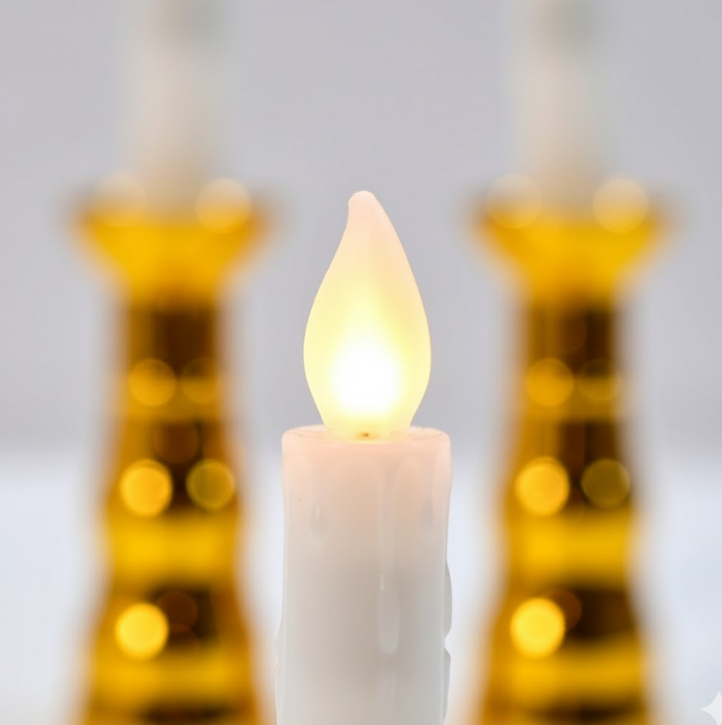Technical diagram showing the assembly of the LED flameless candle with its base.