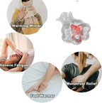 Transparent hot water bag applied to a back for muscle pain.