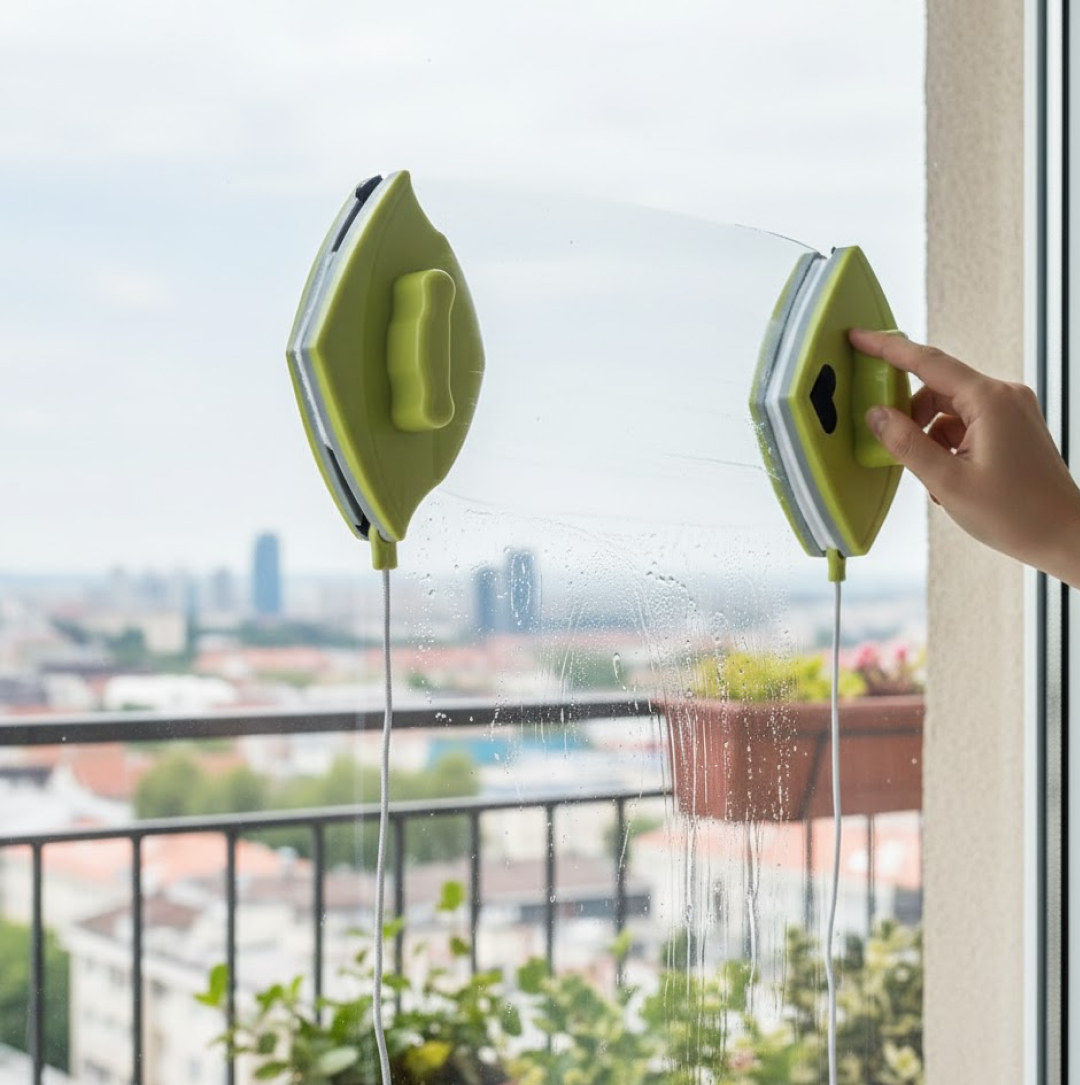 Step-by-step instructions for using the magnetic double-sided window squeegee.