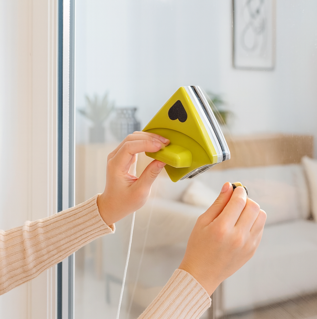 Magnetic window cleaner being used on a modern home window for sparkling glass.
