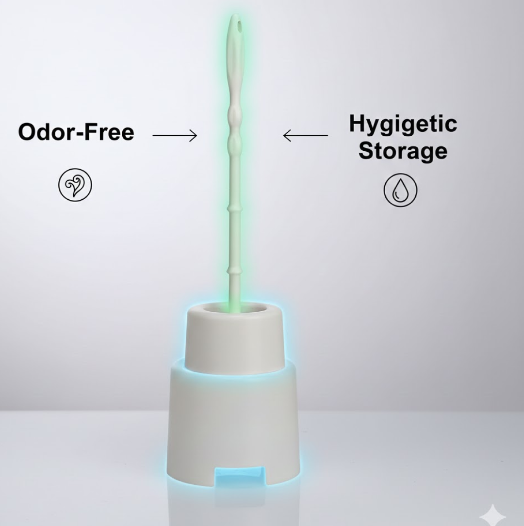 Detailed diagram illustrating features of the flexible toilet cleaning brush.