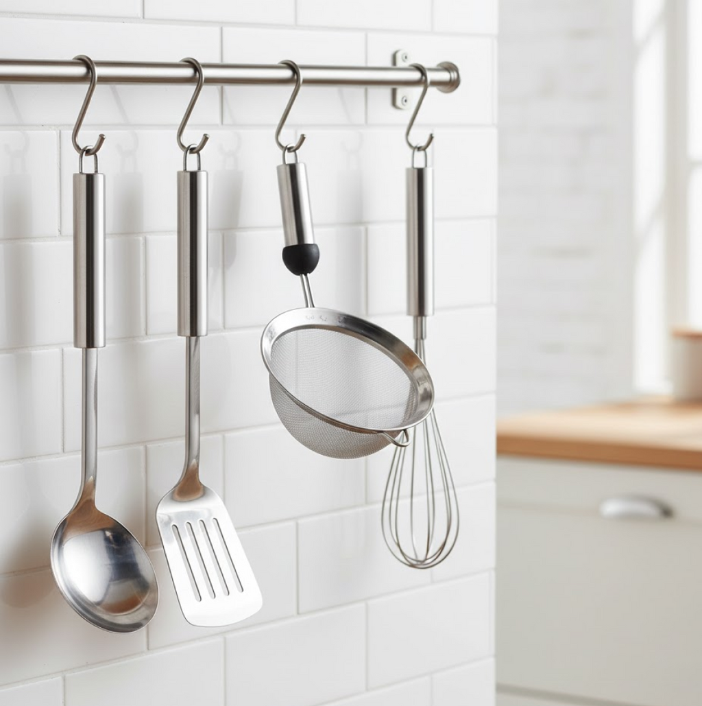 Close-up of the ergonomic handle and integrated hanging hole of the stainless steel strainer.